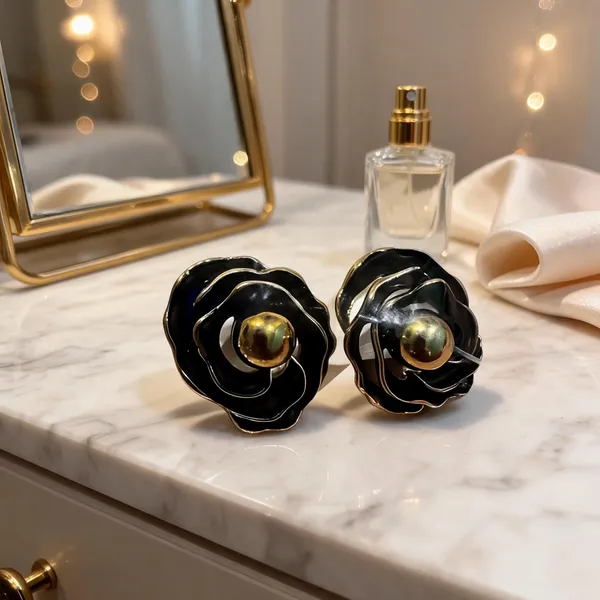 Black Floral Anti Tarnish Layered Stud Earrings For Women - Pack of 2