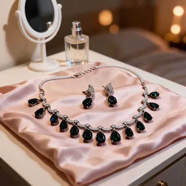 Green Stone Silver-Tone Necklace Set For Women