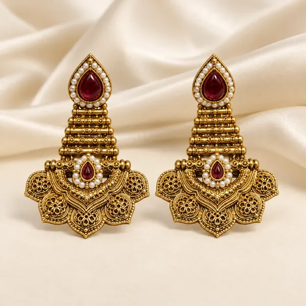 Antique Gold-Tone Red Stone Statement Earrings