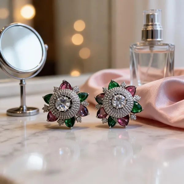 Multicolour Silver Plated American Dimond Stud Earrings For Women
