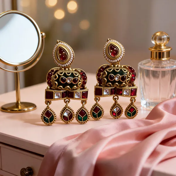 Gold Tone Multicolour Traditional Dangle Earrings For Women
