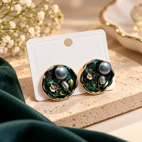 Green Anti Tarnish Round Stud Earrings For Women - Pack of 2