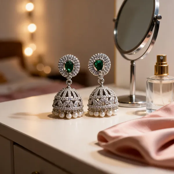 Silver Green Stone Handcraft American Dimond Jhumka Earrings For Women