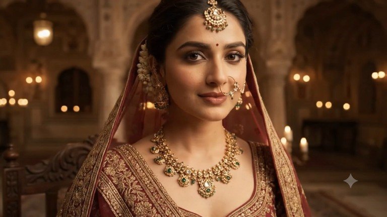Bride wearing a green and gold-tone necklace, earrings and an ornate headpiece