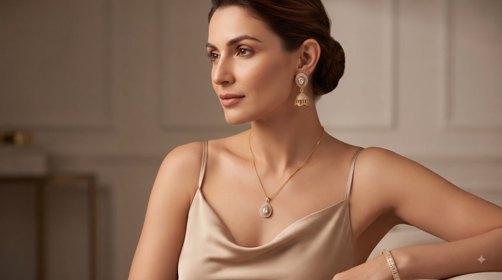 Woman wearing a gold-tone pendant necklace, jhumka earrings and bracelet