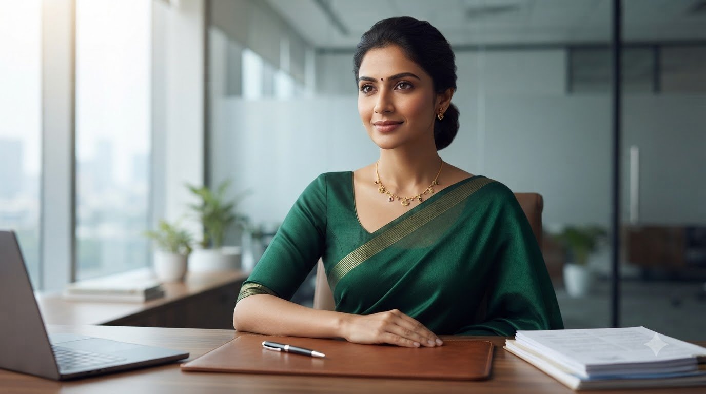 Woman at an office desk wearing a delicate gold-tone necklace and stud earrings with a green saree