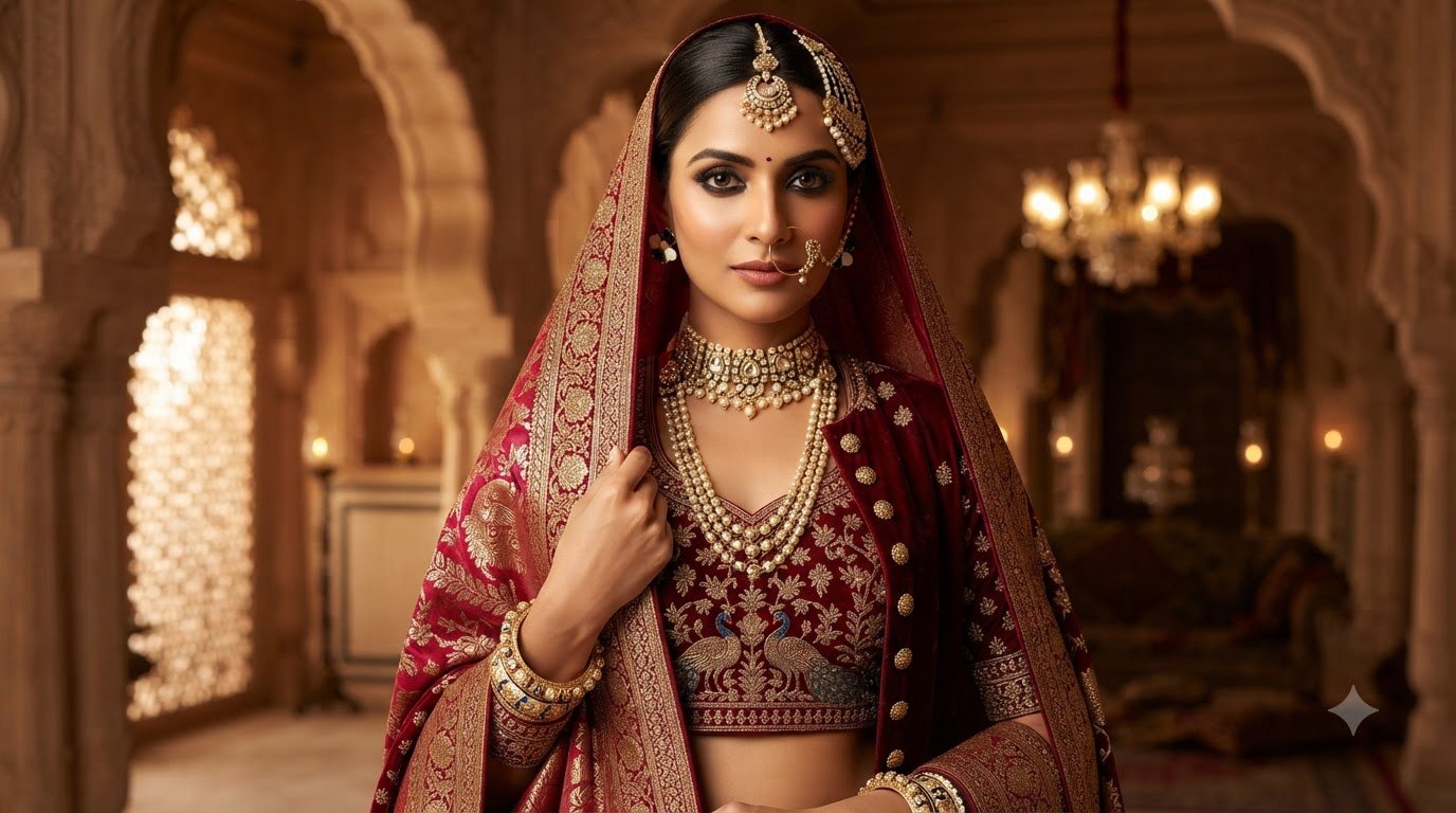 Traditional layered necklaces and a nose ring with a red bridal veil