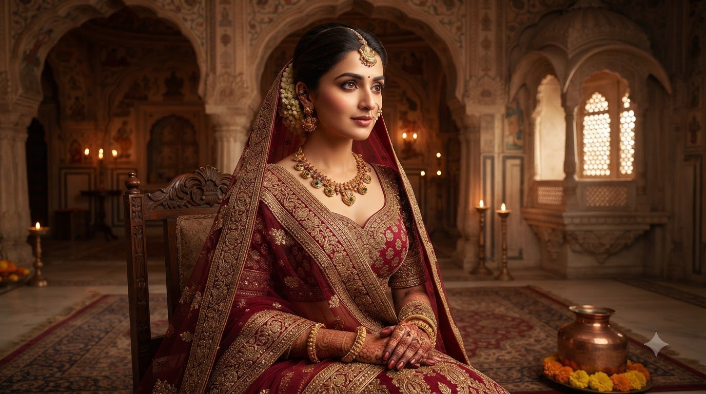 Gold-tone necklace with green accents and matching traditional jewellery